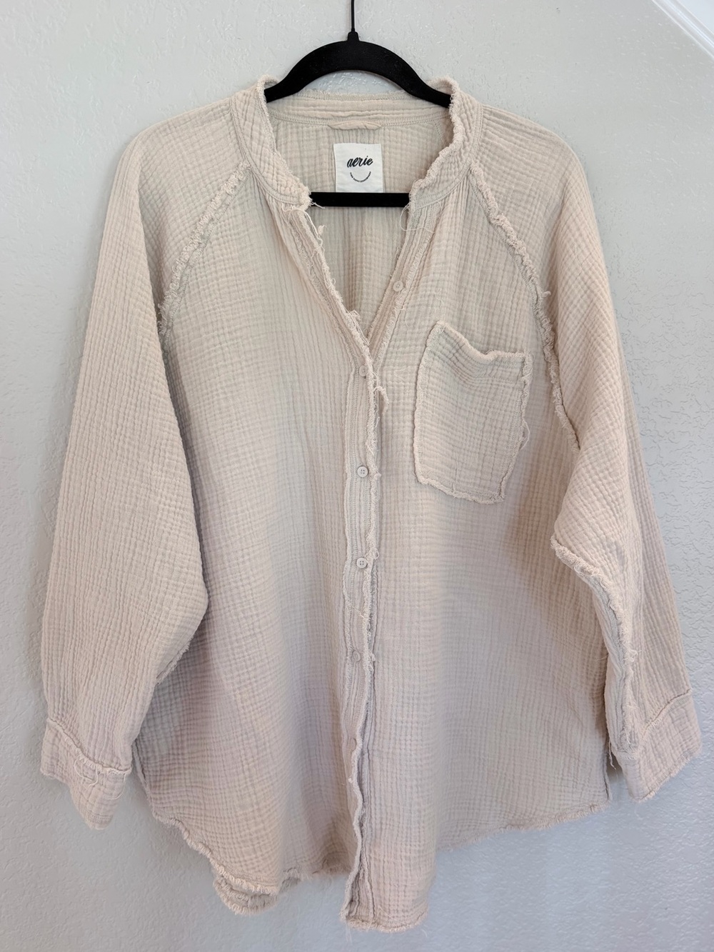 Aerie Cotton Gauze Oversized Button-Down Shirt — Raw Edge, Size L